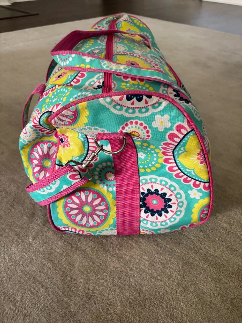 Turquoise Floral Duffle Bag with Pink Trim monogrammed with the name Addison